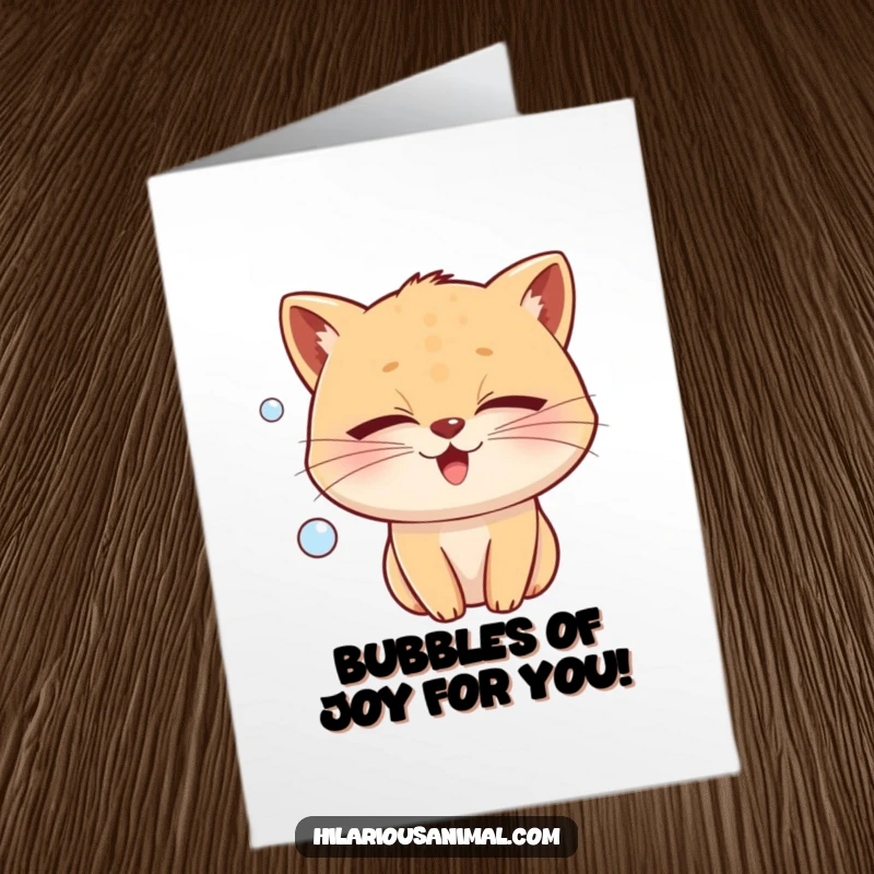 Funny Free Printable Congratulations Card with a whiskered animal beaming with joy, shutting its eyes tight as it blows a large bubble.