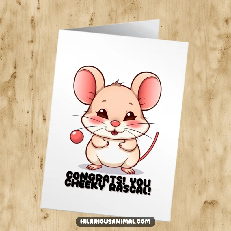 Free Printable Congratulations Card: Tiny mouse blowing raspberry with mischievous grin, cheeky success celebration, funny art.