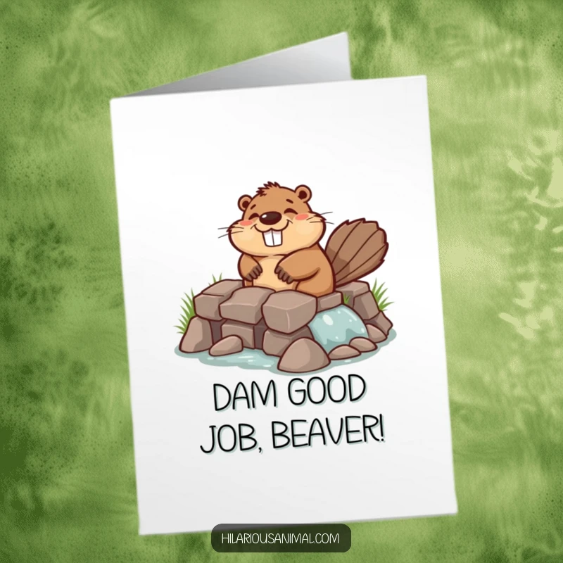 Funny Free Printable Congratulations Card showing a chuckling beaver proudly building a comically lopsided dam, celebrating accomplishment.