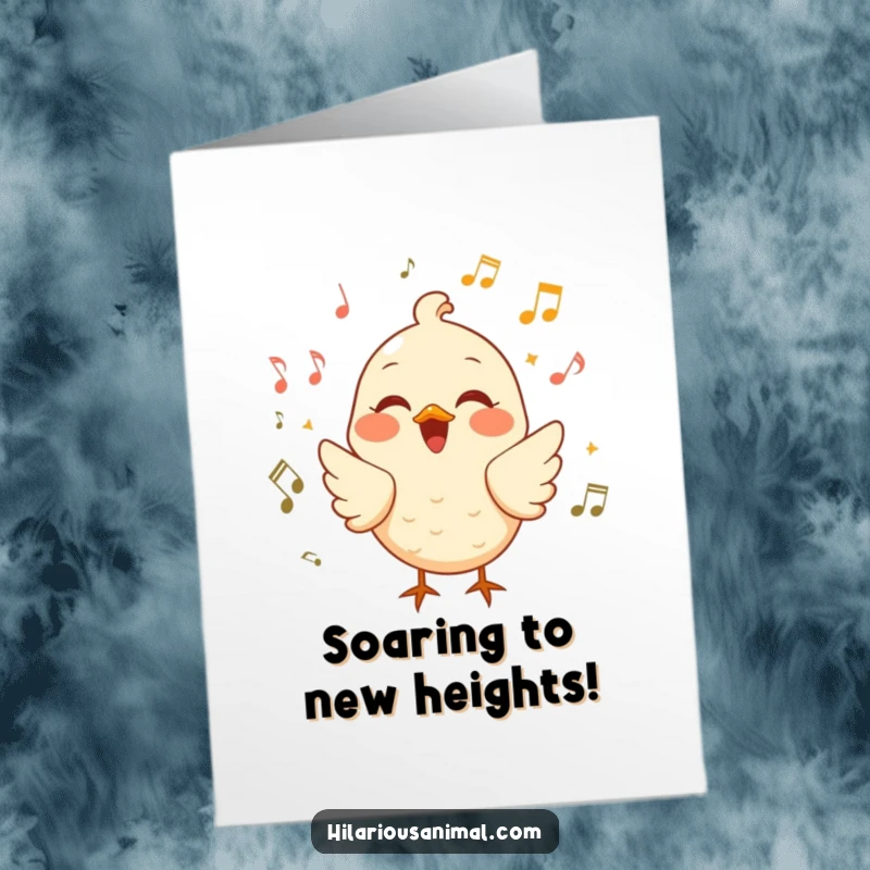 Funny Free Printable Congratulations Card featuring a bird singing with laughter, surrounded by joyful musical notes.