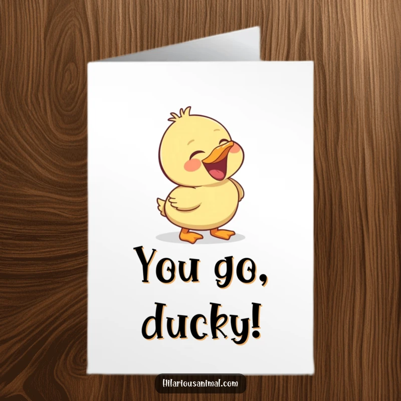 Funny Free Printable Congratulations Card: Cheerful duckling throwing its head back in a hearty laugh, a downloadable celebration.