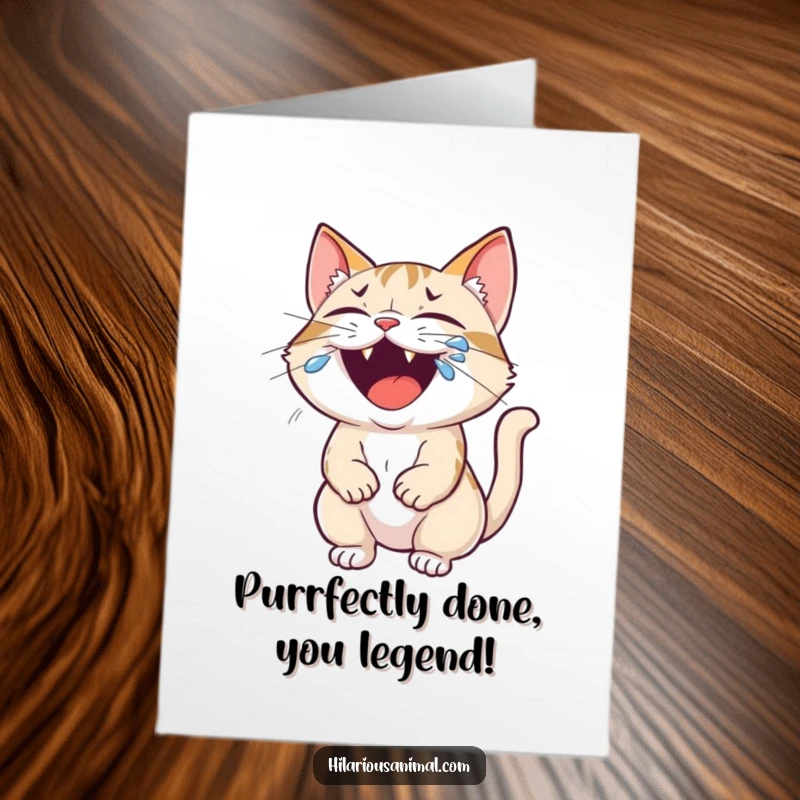 Funny Free Printable Congratulations Card: A small cat roaring with laughter, tears streaming, celebrating your success.