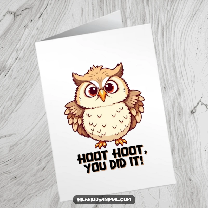 Funny Free Printable Congratulations Card: A chuckling owl with ruffled feathers and eyes wide with mirth expresses delight at an achievement.