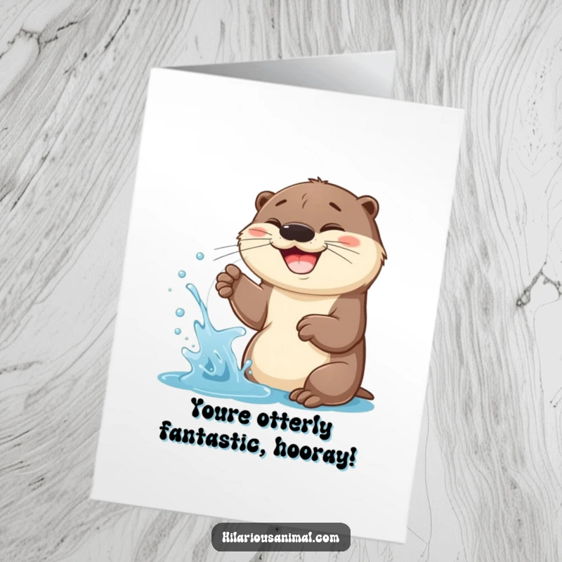 Funny Free Printable Congratulations Card: Cheerful otter cub spraying water, big smile, celebrating success, a downloadable joyous message.