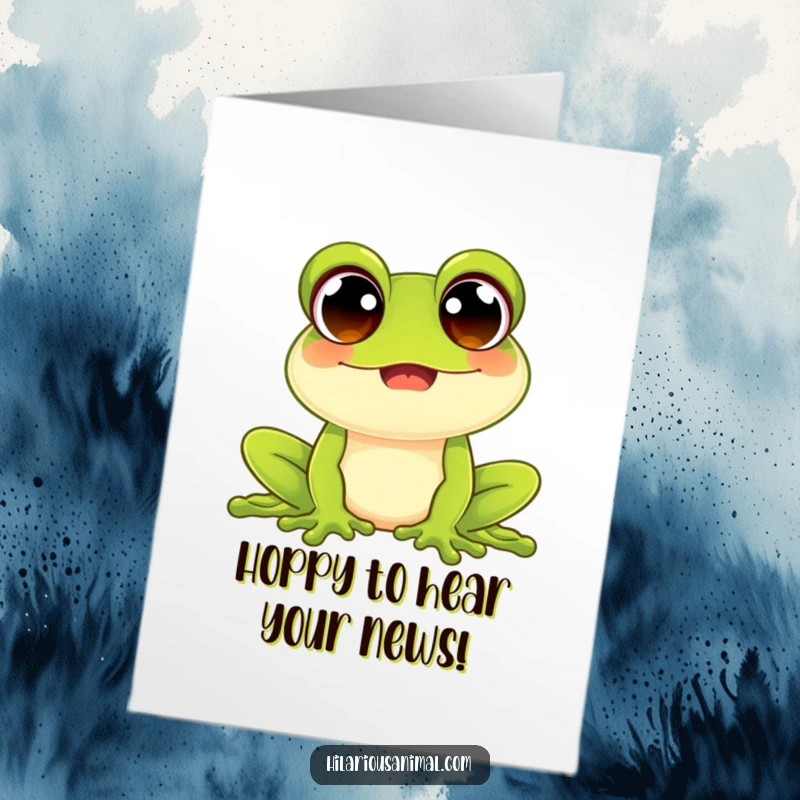 Free Printable congratulations card showing a beaming frog with wide eyes, emitting a loud, happy croak of celebration.