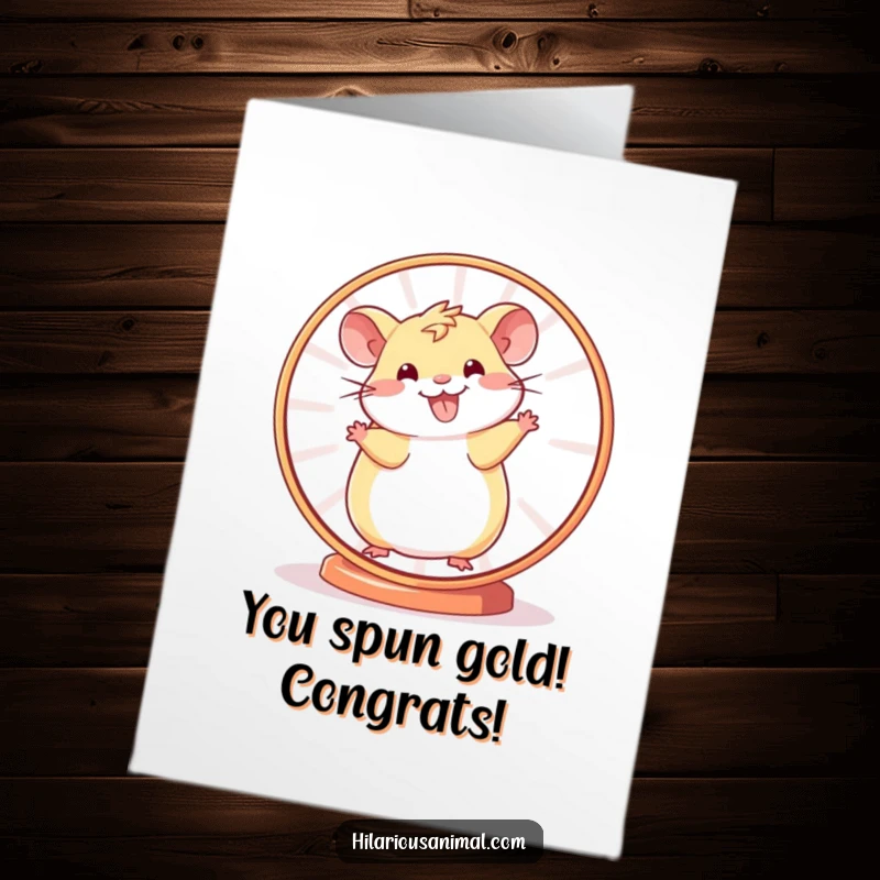 Funny Free Printable Congratulations Card: A cheerful hamster smiles while spinning madly in its wheel, full of energetic joy.