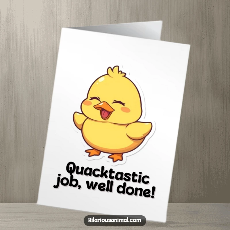 Funny Free Printable Congratulations Card: A chubby yellow duck quacks with laughter, eyes closed, celebrating a momentous achievement with pure mirth.