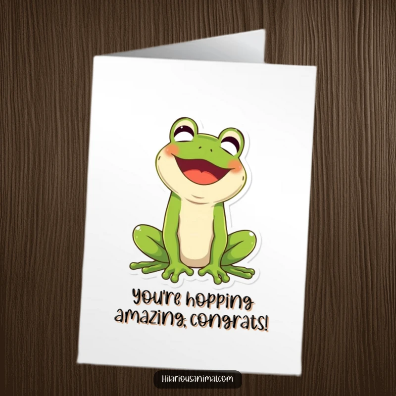 Funny Free Printable Congratulations Card of a green frog laughing heartily, ideal for any celebratory moment.