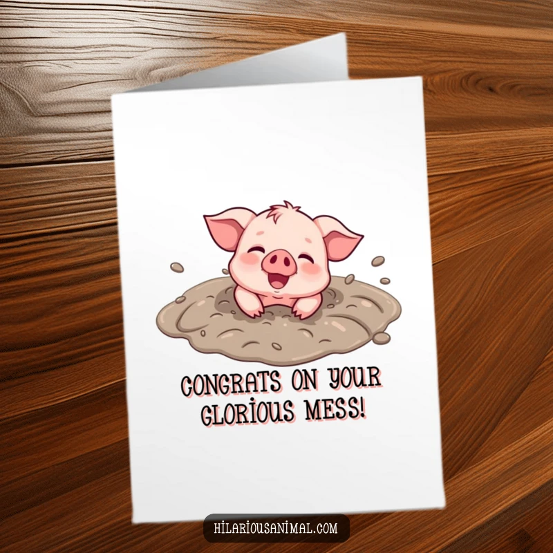 Free Printable Congratulations Card: Smiling piglet joyfully rolling in mud, messy celebration, happy animal art.