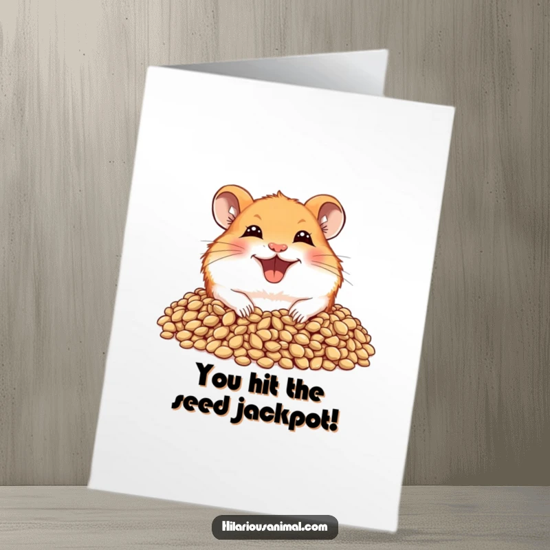 Funny Free Printable Congratulations Card: A joyful hamster peeks from a pile of seeds with a massive grin, celebrating success.