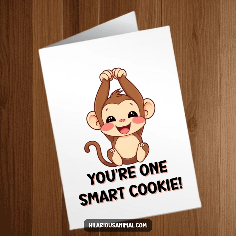 Funny Free Printable Congratulations Card: A joyful monkey cub hanging upside down, chuckling with excitement for your big achievement.
