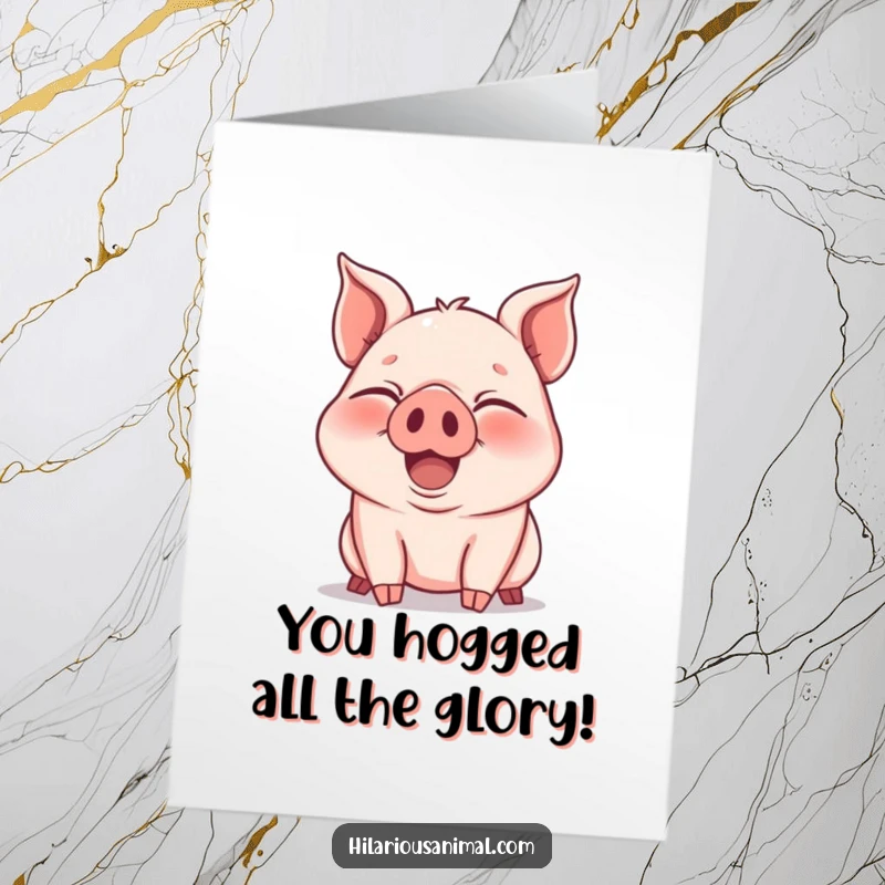 Funny Free Printable Piglet Congratulations Card: A joyous piglet snorting with laughter, eyes shut, celebrating your fantastic success with pure delight.