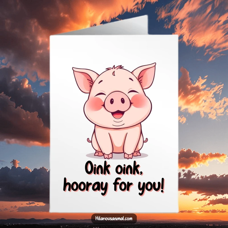 Free Printable Congratulations Card: A cheerful piglet snorting with laughter, cheeks fully puffed out in celebratory glee.