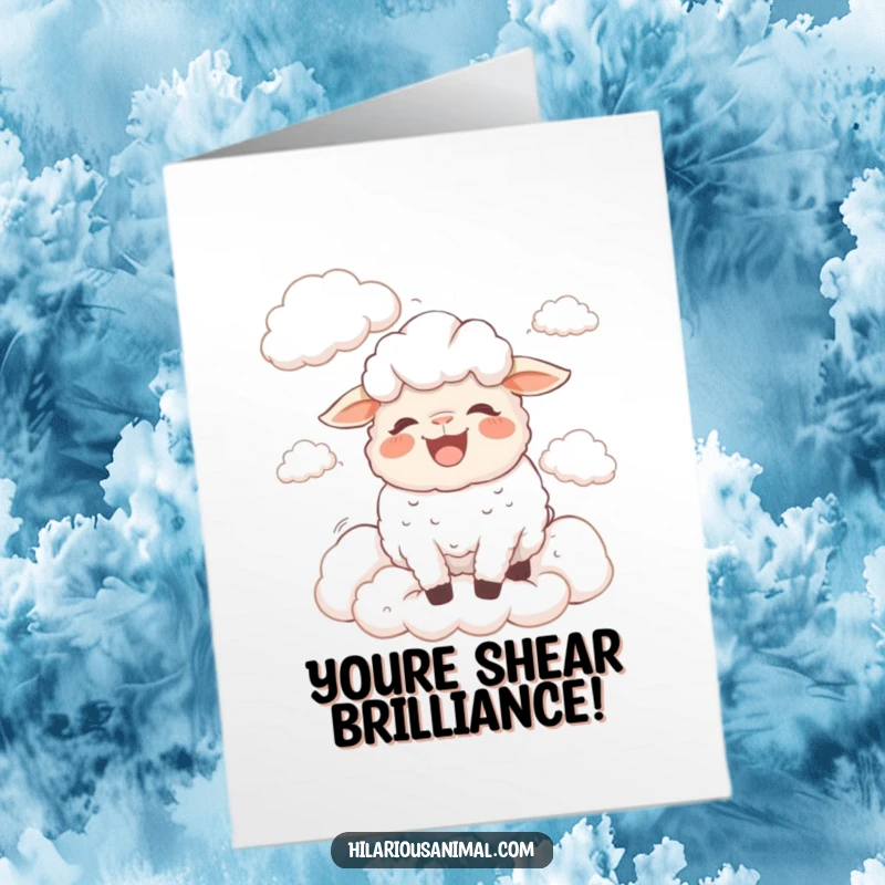 Funny Free Printable Congratulations Card featuring a sheep in fluffy clouds, bleating uncontrollably with bewildered laughter.