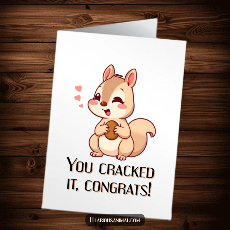 Funny Free Printable Congratulations Card: A curious squirrel chattering with amusement, holding a nut, cheering your success.