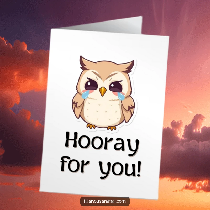 Funny Free Printable Congratulations Card: Tiny owl laughing heartily, tears streaming, a hilarious downloadable celebration of success.
