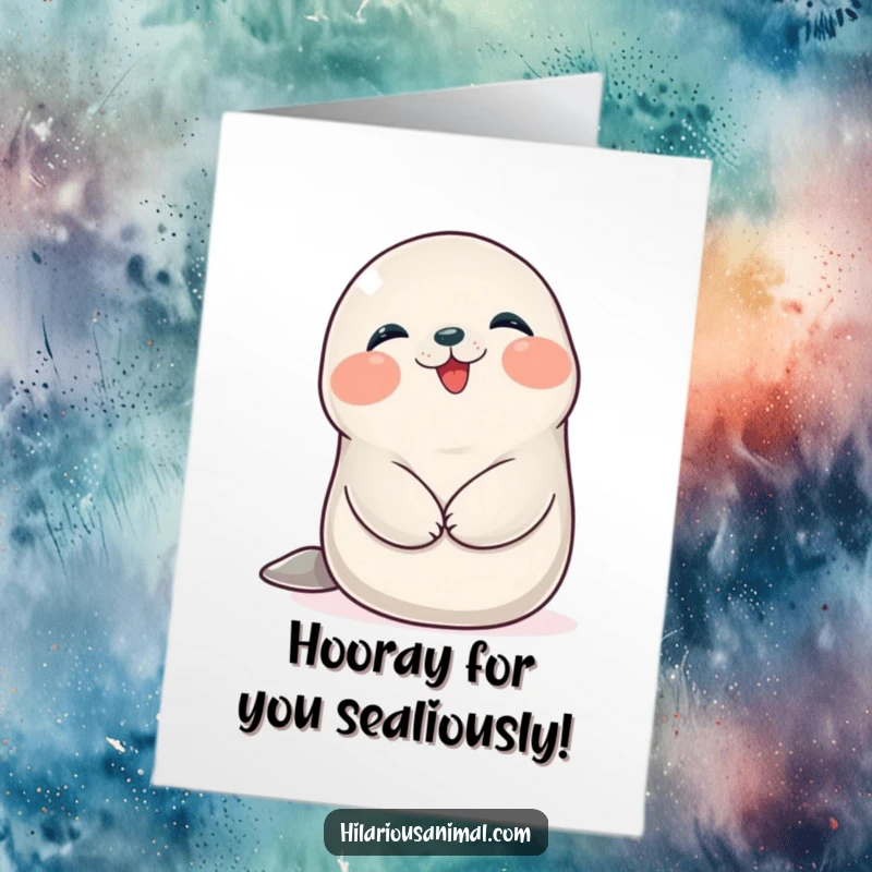 Funny Free Printable Congratulations Card: Happy seal cub giggling, clutching its belly with delight, a downloadable celebration.