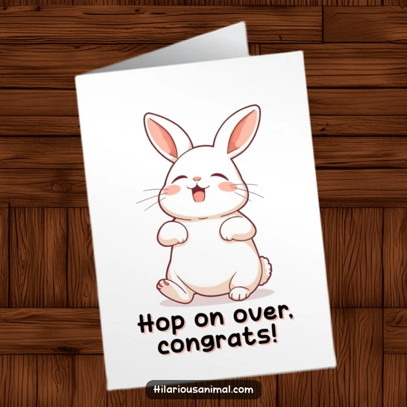 Funny Free Printable Congratulations Card: A rabbit with belly exposed, shaking with silent laughter, celebrating your success.