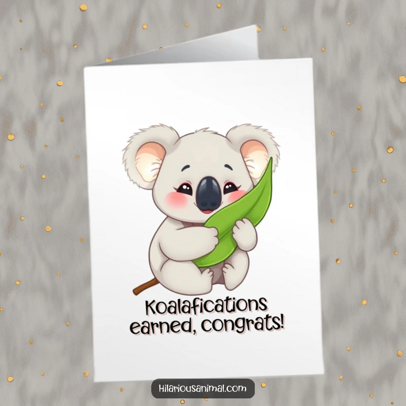 Funny Free Printable Congratulations Card: A happy koala cub embracing a eucalyptus leaf, eyes crinkled with joy for your big win.