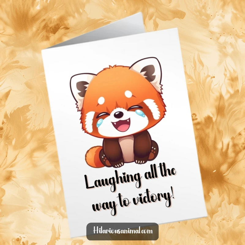 Free Printable Congratulations Card: Red panda cub hilariously crying with laughter, celebrating success, funny downloadable art.