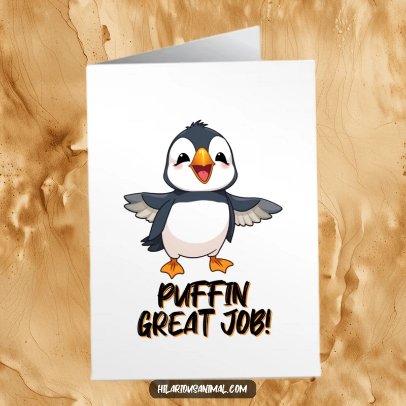 Funny Free Printable Puffin Congratulations Card: A puffin with wings flapping, laughing heartily, celebrating a big win.