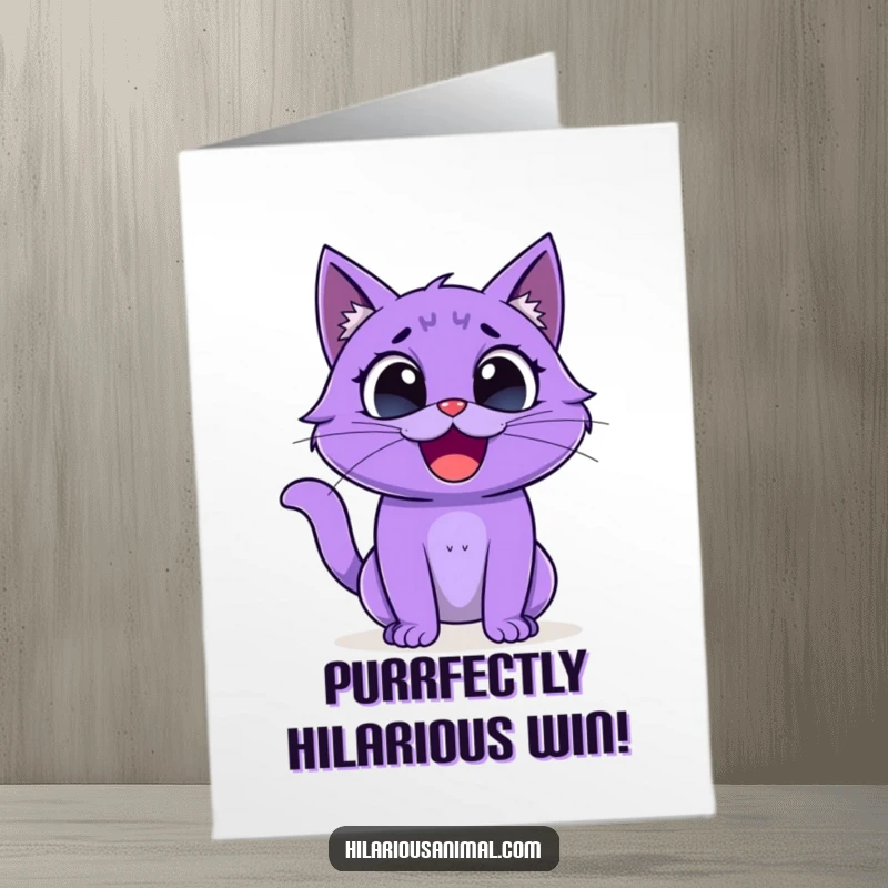 Funny Free Printable Congrats Card: Purple cat with wide eyes bursts into uncontrollable laughter to celebrate your success.