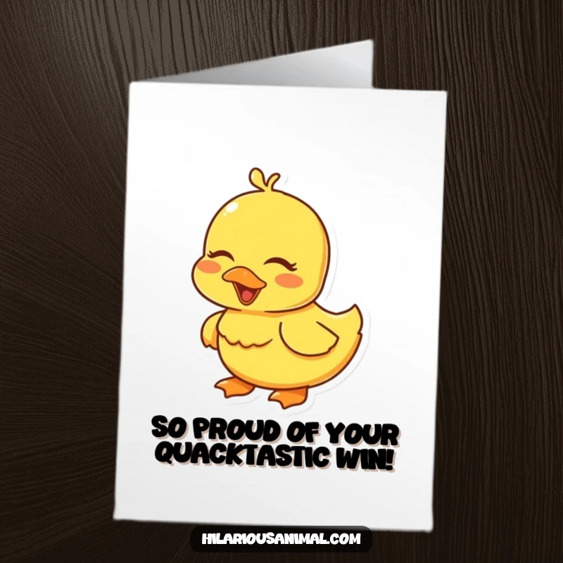 Funny Free Printable Congratulations Card of a happy yellow duckling giggling, spreading joy and good vibes.
