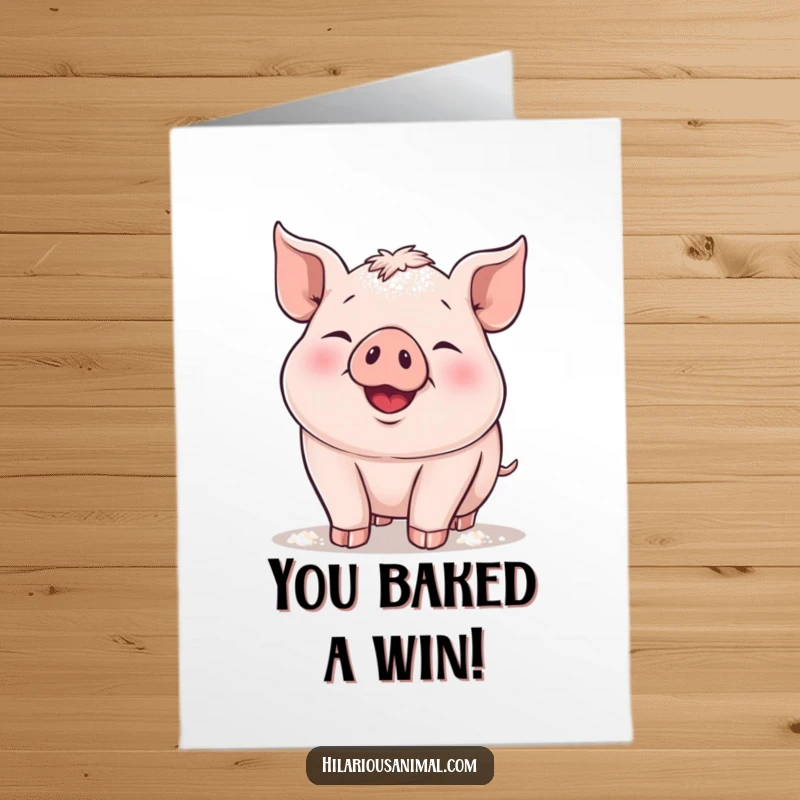 Funny Free Printable congratulations card showing a plump piglet joyfully snorting, covered in a light dusting of flour, celebrating achievements.