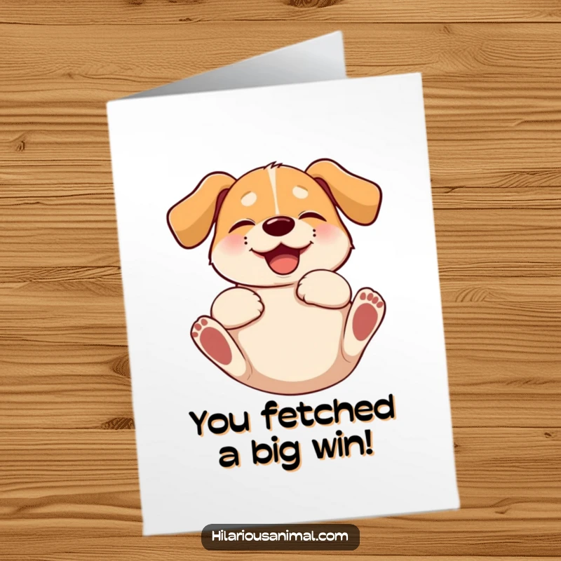 Funny Free Printable Congratulations Card showing a joyous dog with floppy ears rolling on its back, celebrating a big achievement.