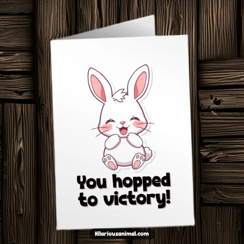 Funny Free Printable Congratulations Card showing a cheerful bunny muffling a laugh behind its paws, celebrating good news.