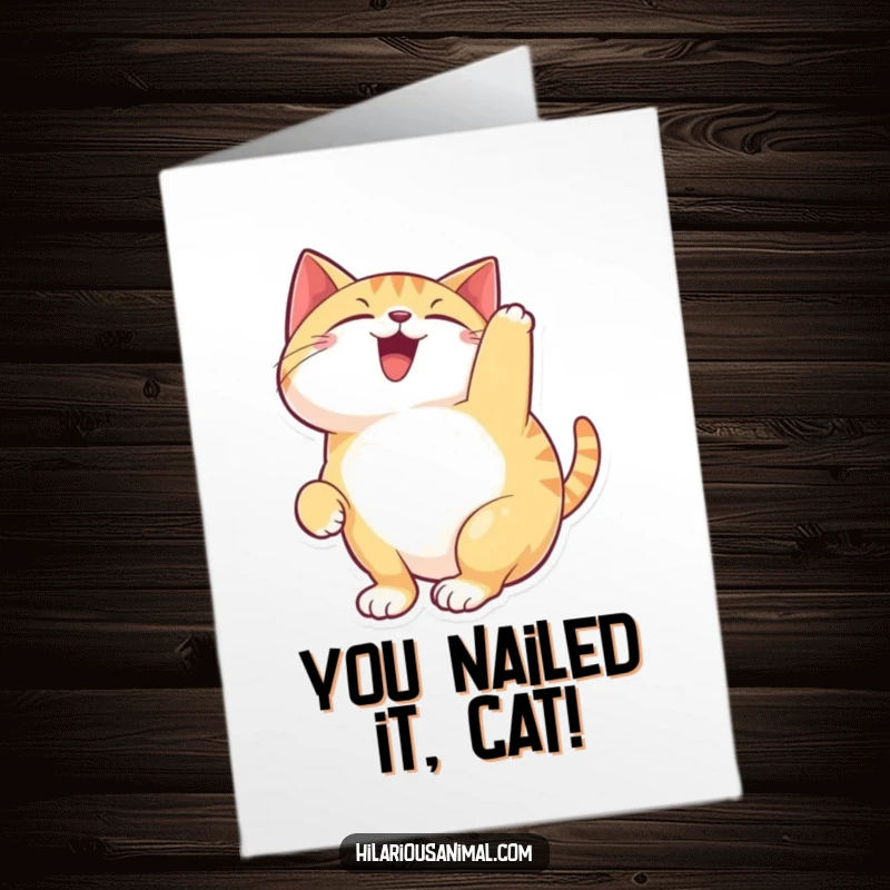 Funny Free Printable Congratulations Card showing a happy cat arching its back, chattering excitedly to express joy for achievement.