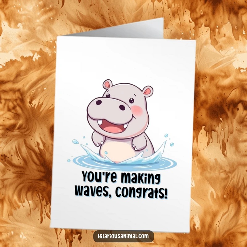 Funny Free Printable Congratulations Card: A beaming hippo cub joyfully splashing water, celebrating your awesome achievement with enthusiasm.