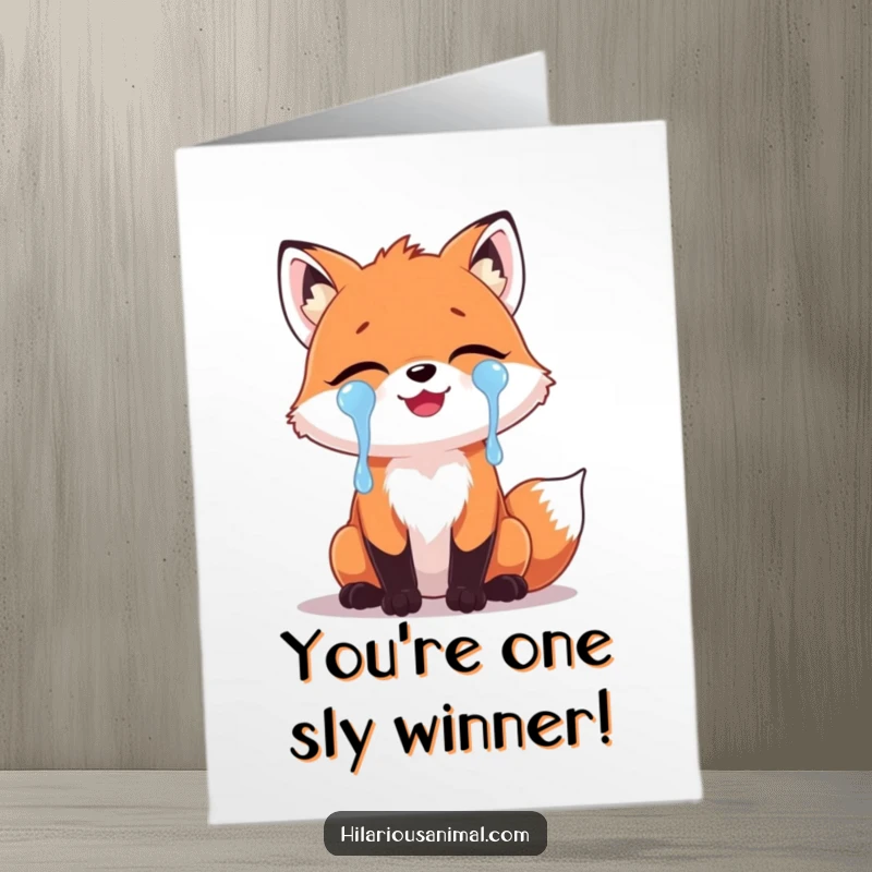 Funny Free Printable Congratulations Card: A cute fox crying with laughter, ideal downloadable gift.