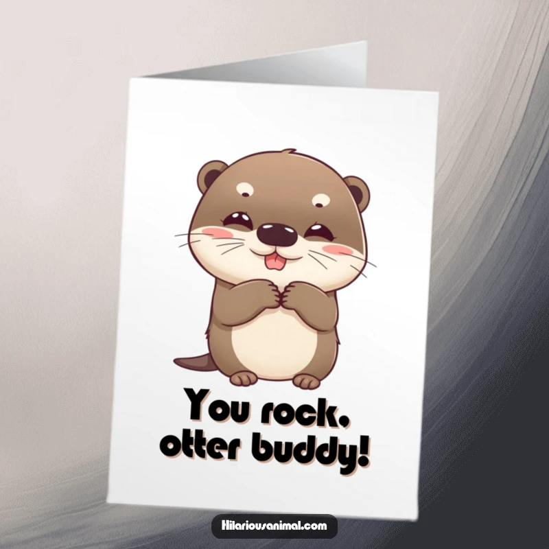 Funny Free Printable Congratulations Card: Beaming, round otter cub clutching sides with suppressed giggles, a downloadable celebration.