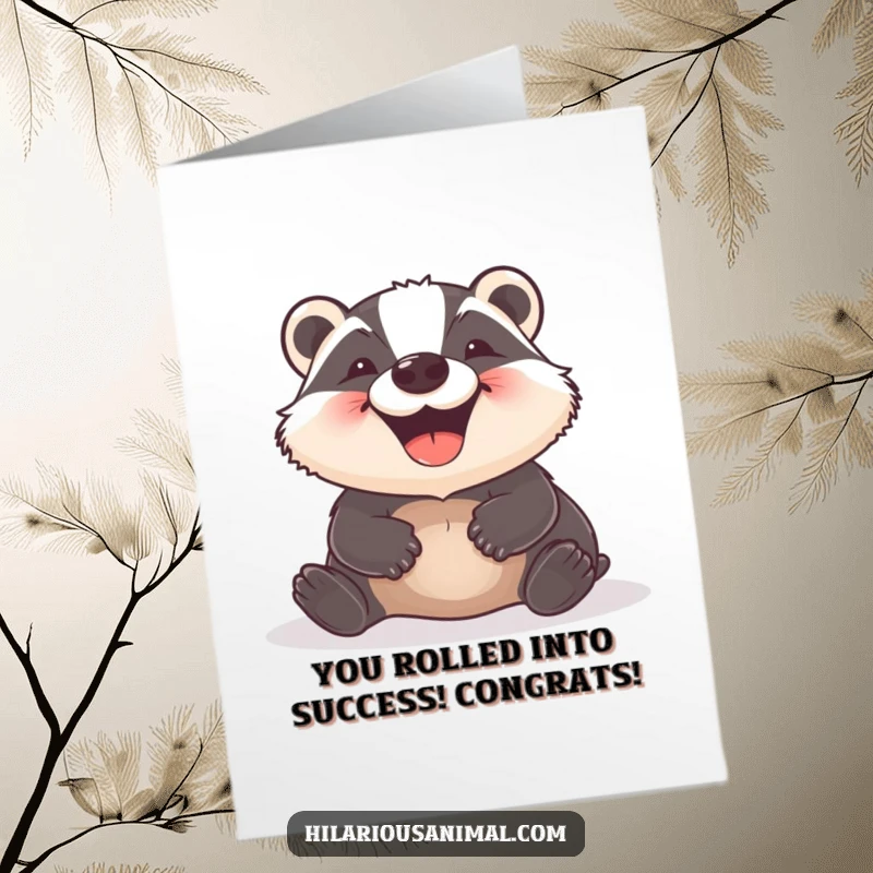 Funny Free Printable Congratulations Card: A delighted badger is joyfully rolling on the ground with a wide, infectious grin.