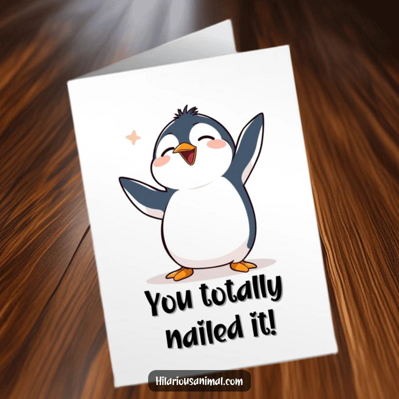 Funny Free Printable Congratulations Card showing a gleeful, clumsy penguin flapping wildly while laughing hysterically.