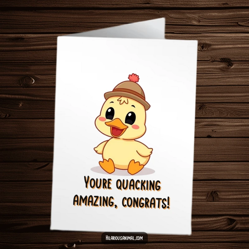 Free Printable congratulations card featuring a happy, grinning duck in a comical hat, letting out a loud, joyful quack.