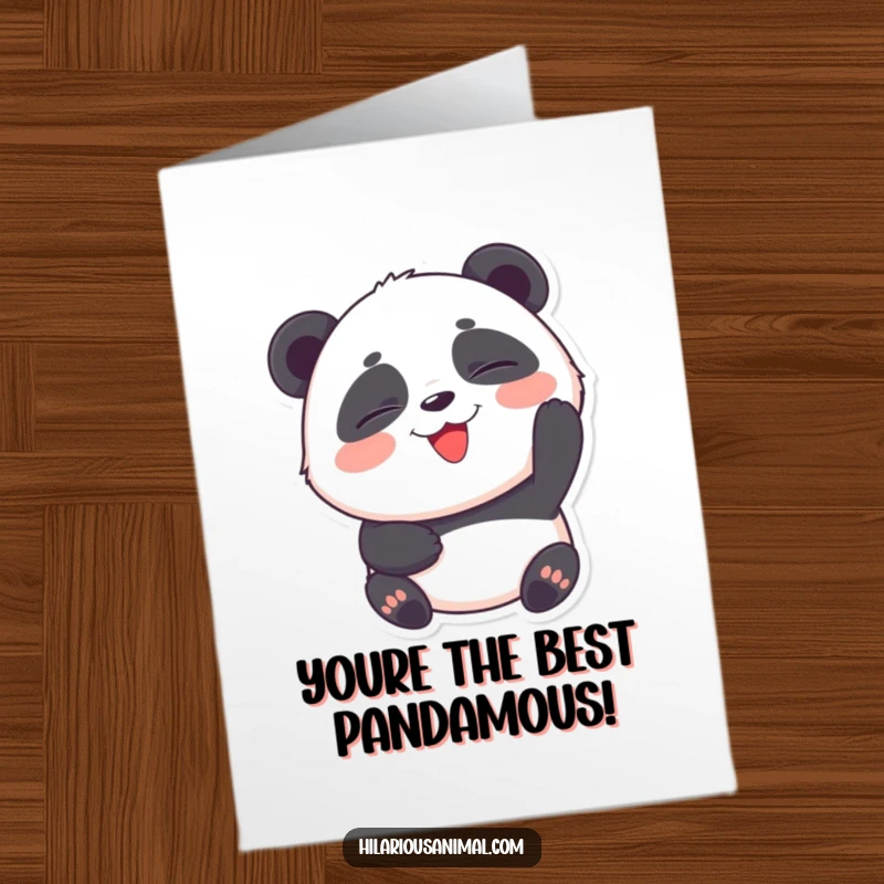 Funny Free Printable Congratulations Card: Round panda cub, eyes squeezed shut, laughing with pure delight, a downloadable celebration.
