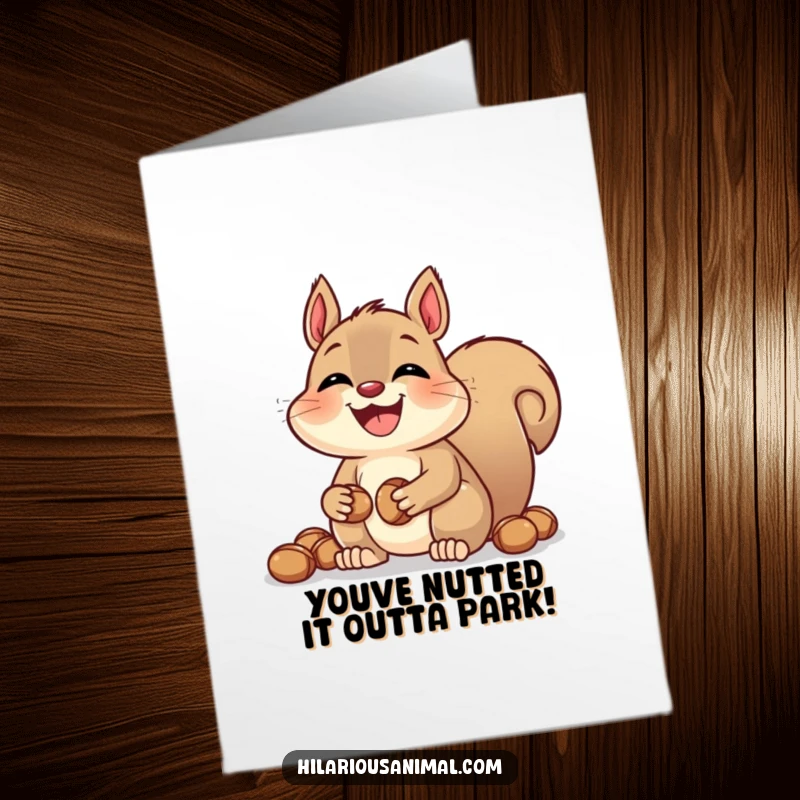 Free Printable congratulations card showing a joyous squirrel with packed cheeks, hiding its precious nuts. A symbol of abundance.