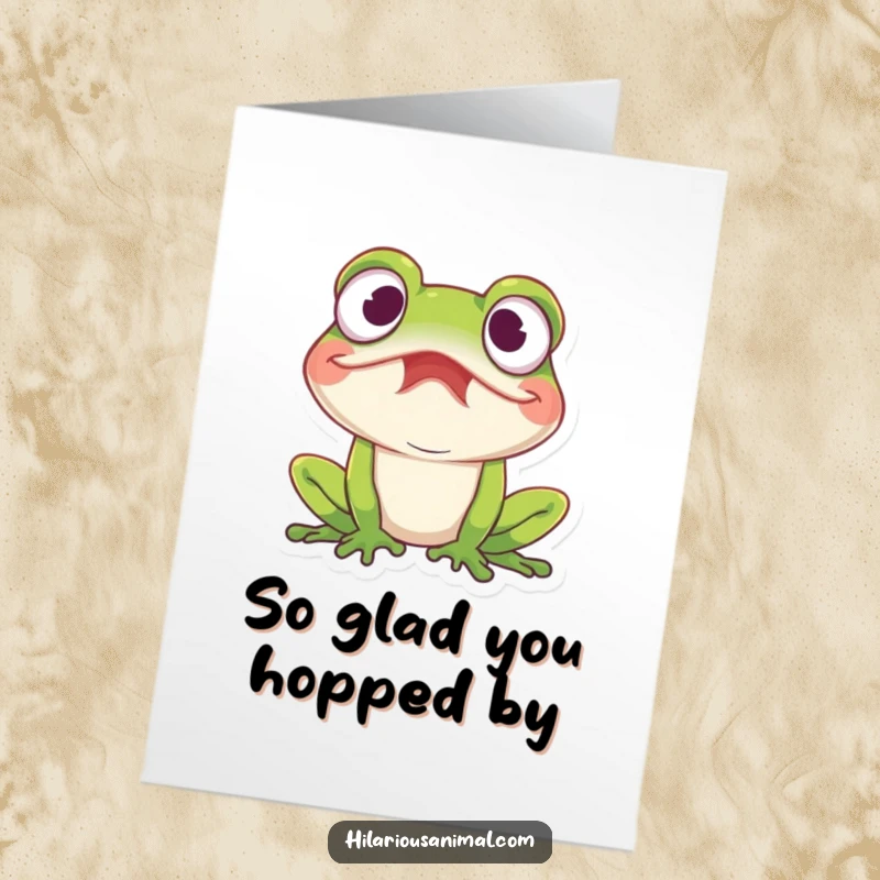 Funny Free Printable Thank You Card of a frog with wide eyes, hilariously caught in a fit of mirth.