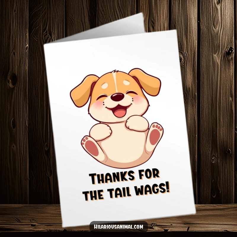 Funny Free Printable Thank You Card: A giggling dog with floppy ears rolls on its back expressing cheerful gratitude and thanks.