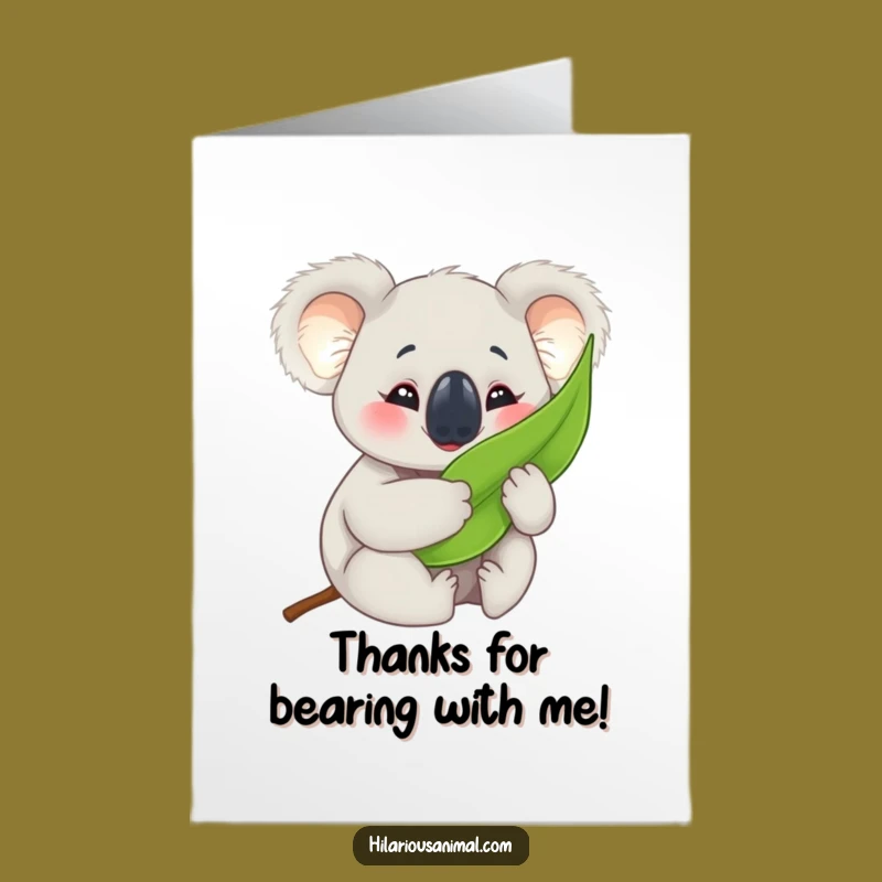 Free Printable Koala Thank You Card: Happy Cub Hugging Eucalyptus Downloadable Gratitude Greeting