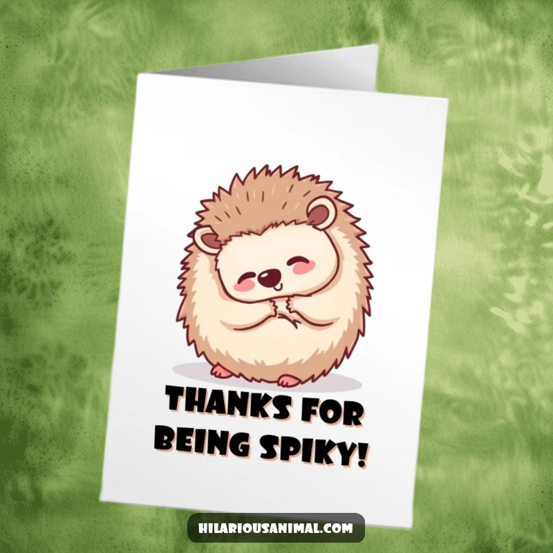 Funny Free Printable Hedgehog Thank You Card: A small hedgehog curled into a ball, shaking with silent laughter, conveying thanks.