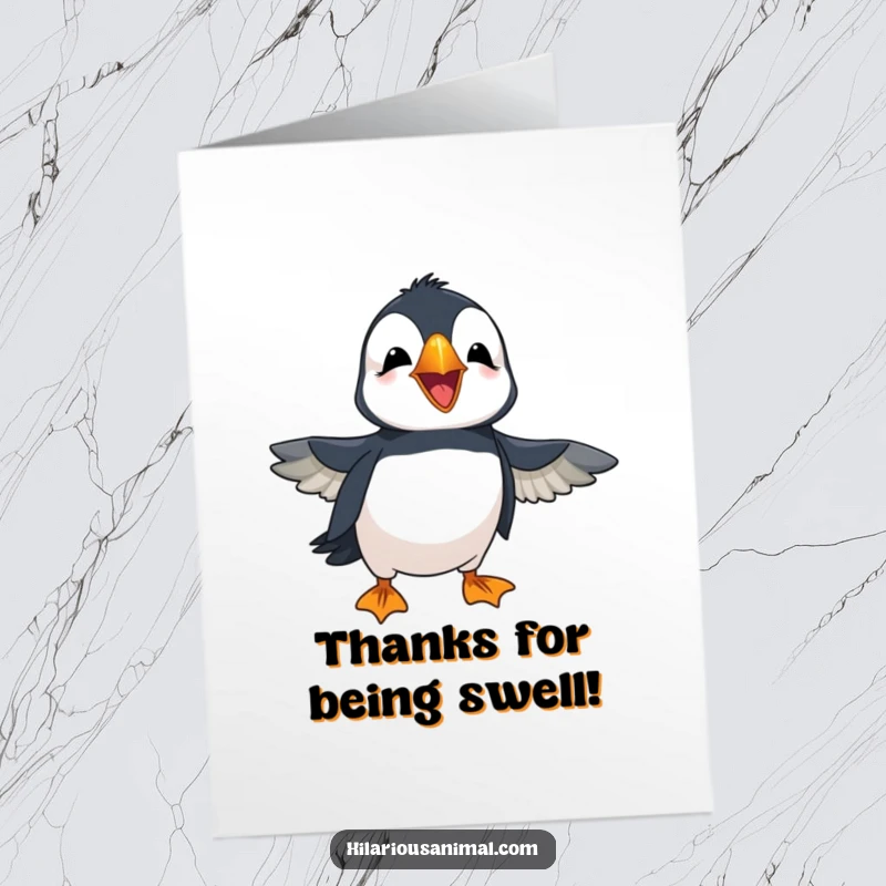 Funny Free Printable Puffin Thank You Card: A cheerful puffin flapping wings and laughing loudly to say thank you.