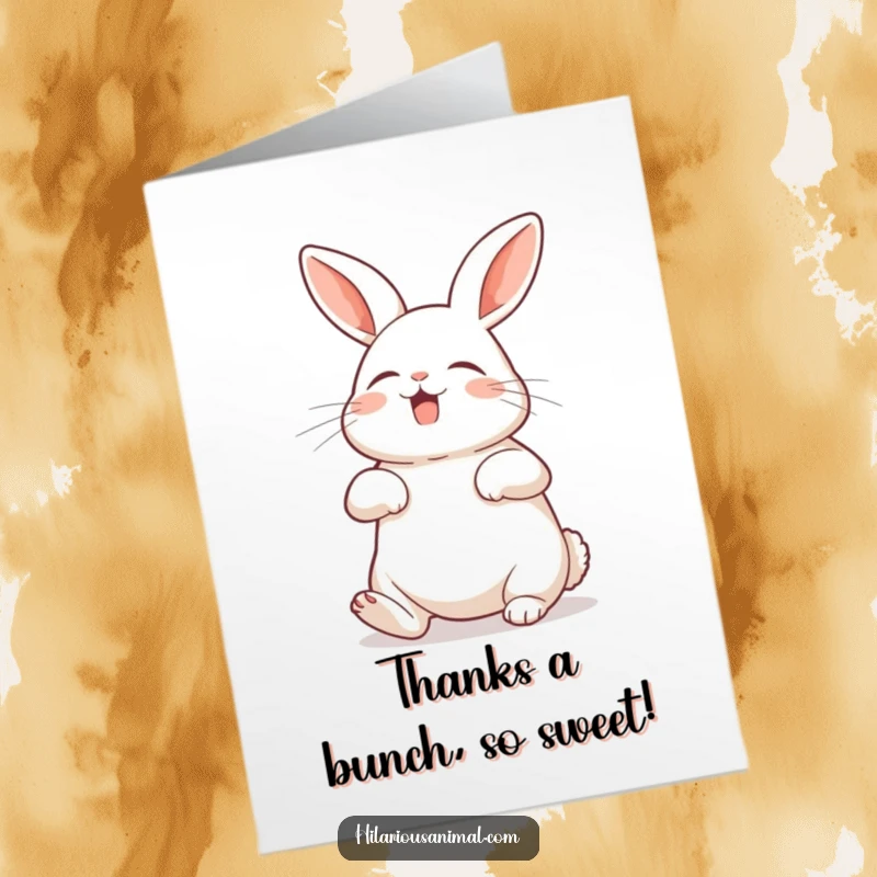 Funny Free Printable Thank You Card: A rabbit with belly exposed, shaking with silent laughter, showing thanks sweetly.