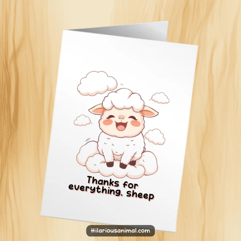 Funny Free Printable Thank You Card of a sheep bleating with laughter, surrounded by soft, fluffy clouds.