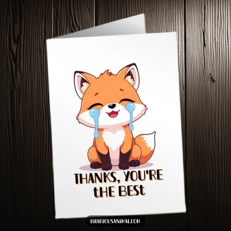 Funny Free Printable Thank You Card: A cute fox with tears of laughter, perfect downloadable gift.