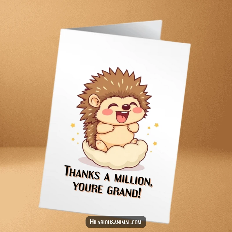 Funny Free Printable Thank You Card: Hedgehog cub rolling into a ball, laughing heartily, conveying thanks with humor, a downloadable note.