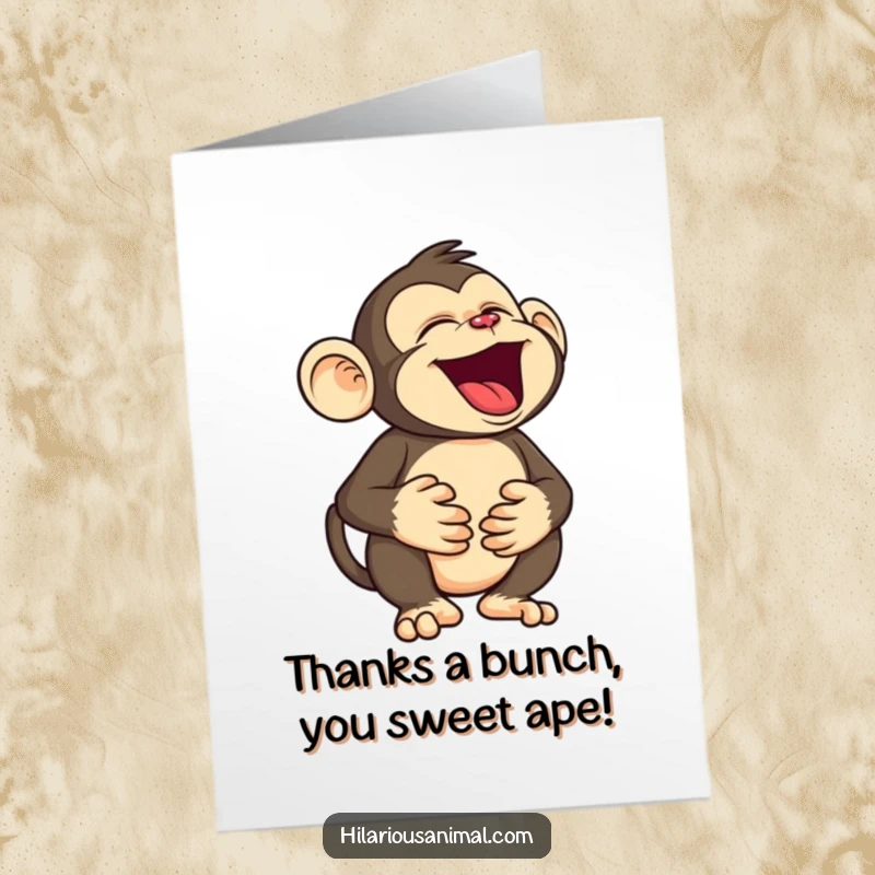 Funny Free Printable Thank You Card: Silly monkey character holding its belly, roaring with laughter and thanks.