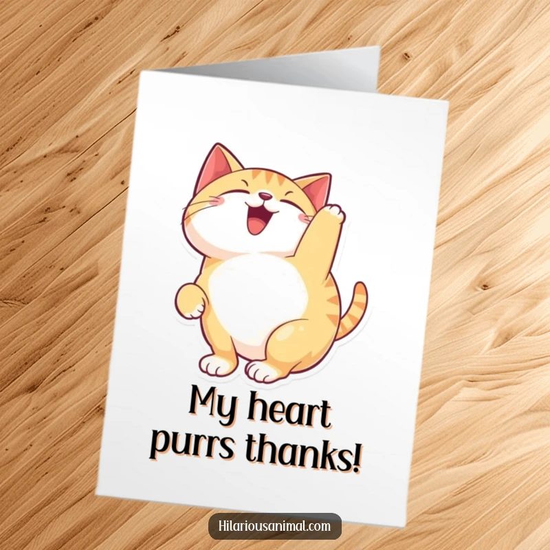 Funny Free Printable Thank You Card featuring a happy cat arching its back and chattering with delight to convey thanks.